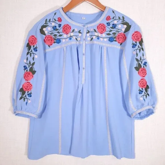 Women's Floral Embroidered Tunic Top Size Small Pleated CottageCore Blue - Picture 11 of 16